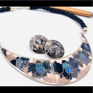 Floral cutout vintage cloisonné necklace earrings